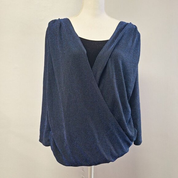 Notations Velvet Layered Blouse Christmas Party Blue Sparkle Shiny Womens Large - Picture 1 of 7